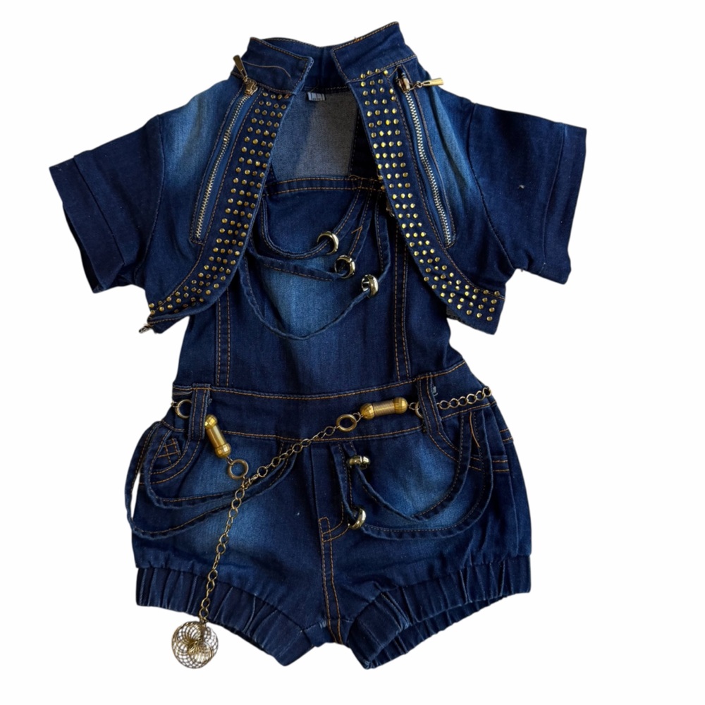 Baby Girls Denim Studded Romper with Chain Accents